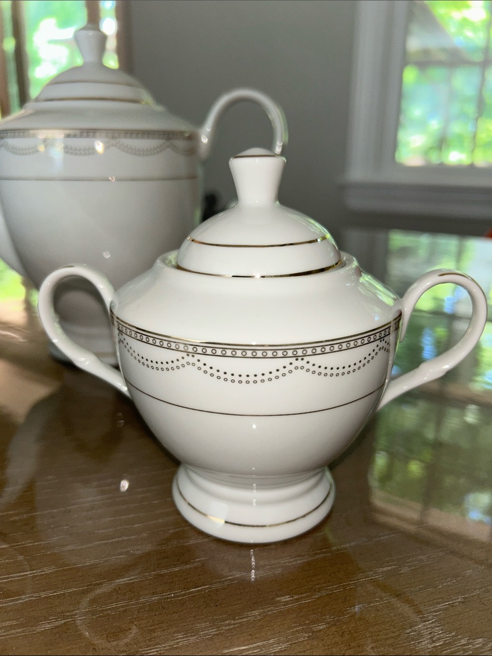 White Porcelain Tea Set with Gold Trim - Teapot, Sugar Bowl & Creamer - Picture 2 of 9